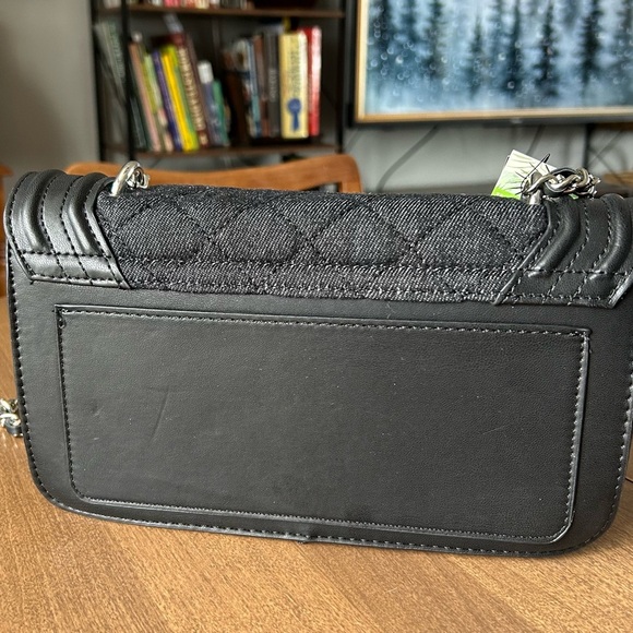 Badgley Mischka Black Denim Diamond Quilted Crossbody Bag Purse Faux Pearls NWT - Picture 3 of 14